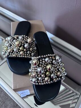 Steve Madden Black Slide Sandals with Mixed Metallic Bead Embellishment